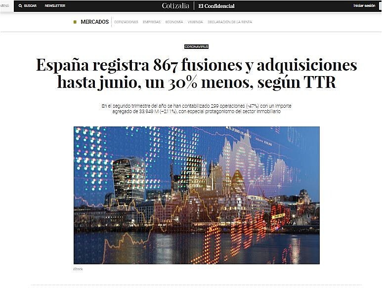 Espaa registra 867 fusiones y adquisiciones hasta junio, un 30% menos, segn TTR